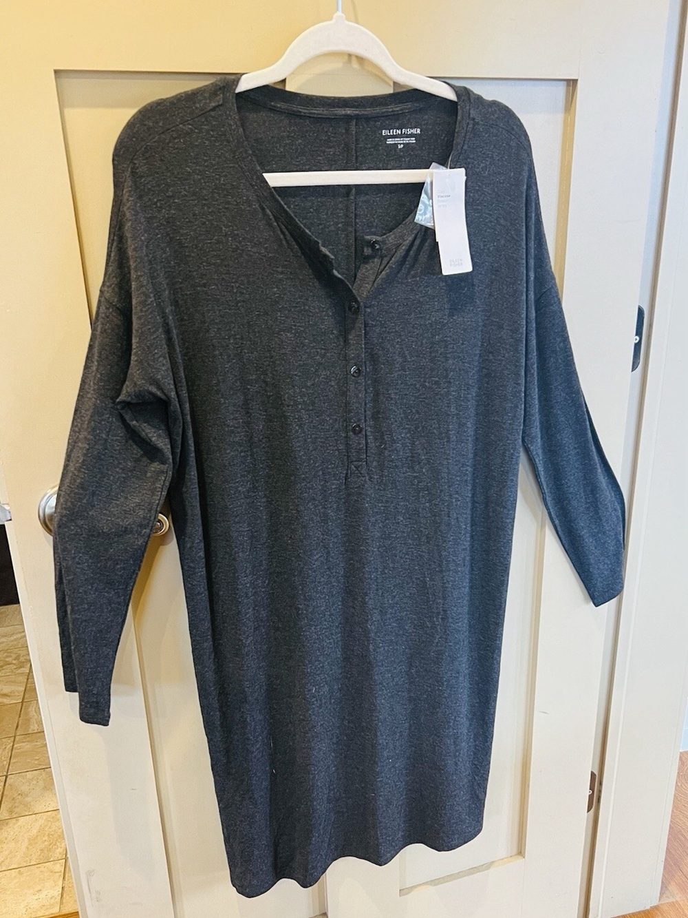 Eileen Fisher Ballet Neck Henley Shift Dress Jersey Fabric Gray